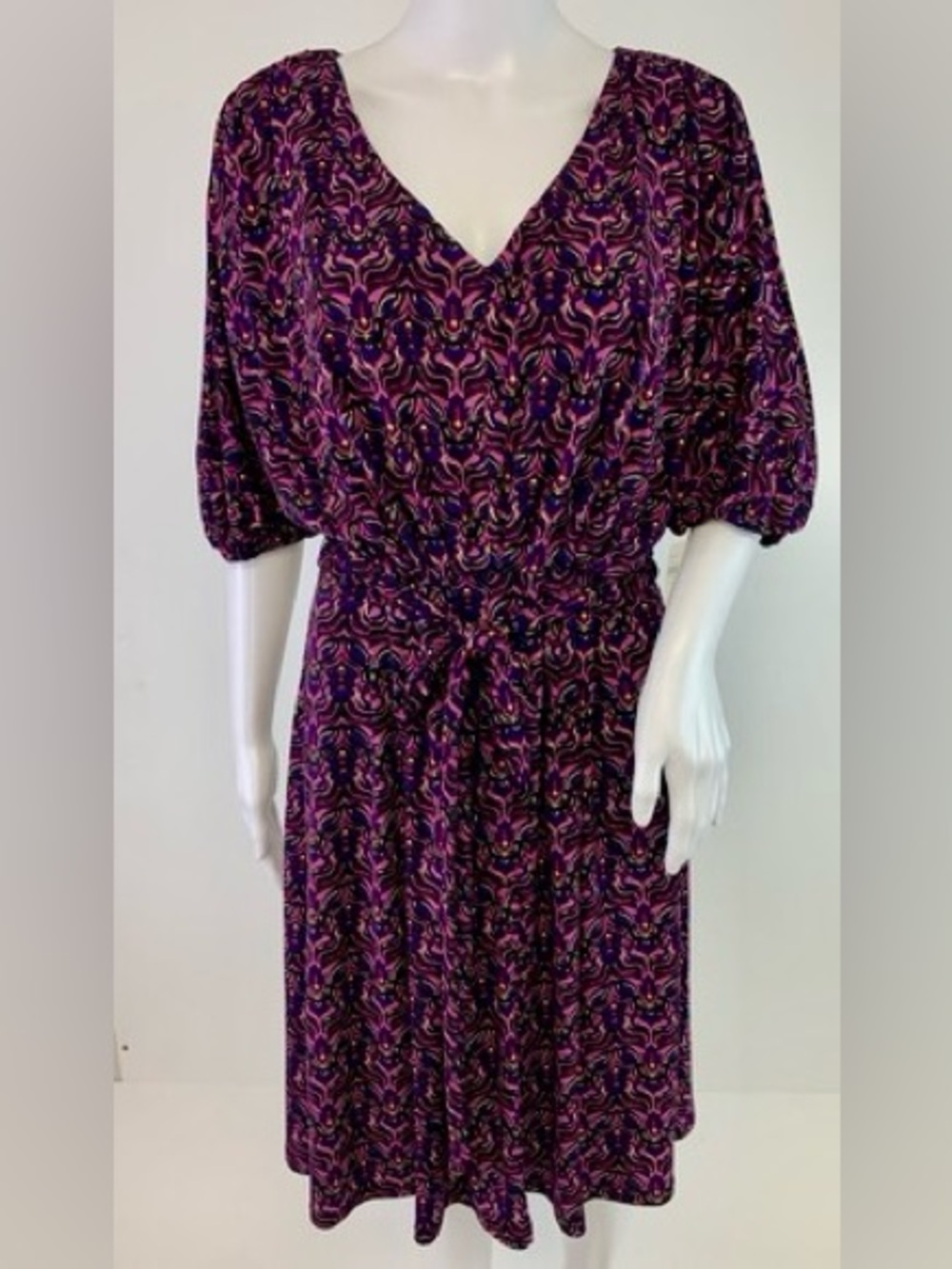 Coldwater Creek Purple & Black Patterned Maxi Dress with Self-Tie Waist